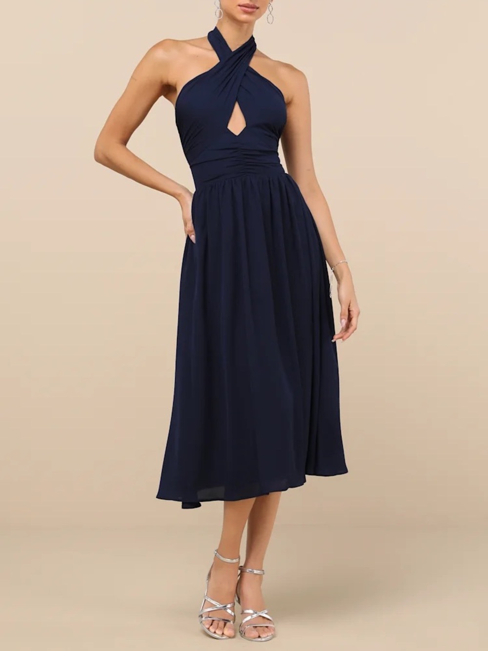 Lulus Emrah Navy Cross-Front Cutout Halter Midi Dress Size L NWT